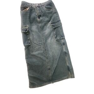 Angel Kiss Cargo Blue Jean Denim Maxi Skirt Y2K Style Back Slit Bungie Size 5/27